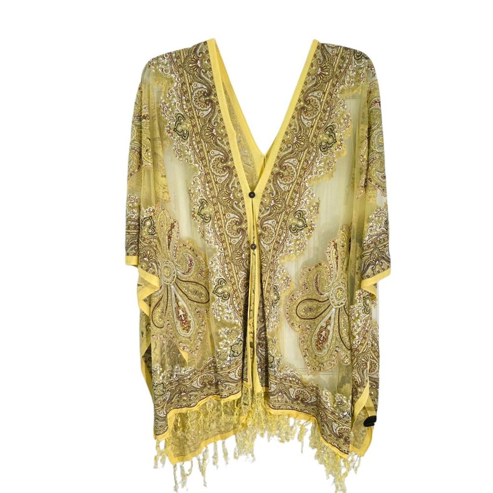 Womens Yellow‎ Paisley Burnout Canary Yellow Boho Kimono Fringe Hem One Size